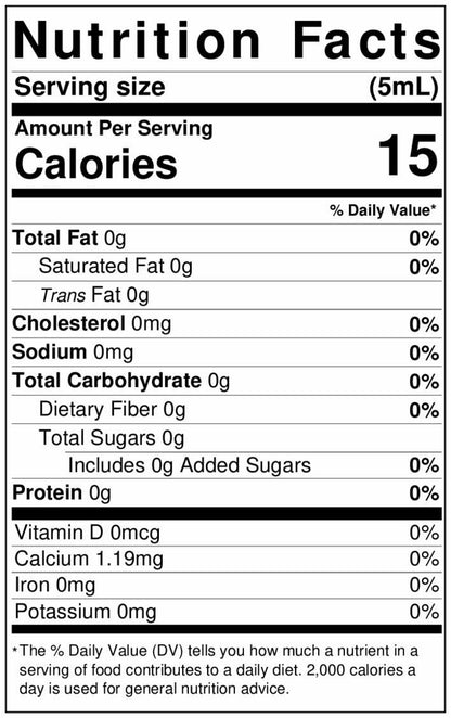 Nutrition facts label for LorAnn Pure Vanilla Extract, showing 15 calories per 5 mL serving and 0% daily values for most nutrients.