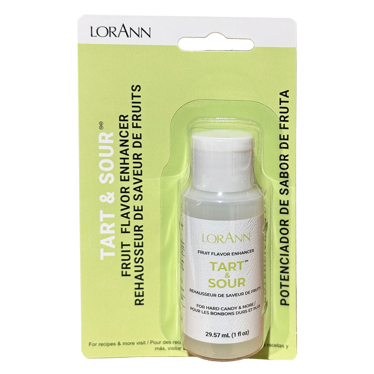 LorAnn Tart & Sour fruit flavor enhancer in a small clear bottle with white cap inside a green retail blister package labeled “Tart & Sour,” 1 oz.
