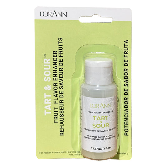 LorAnn Tart & Sour fruit flavor enhancer in a small clear bottle with white cap inside a green retail blister package labeled “Tart & Sour,” 1 oz.