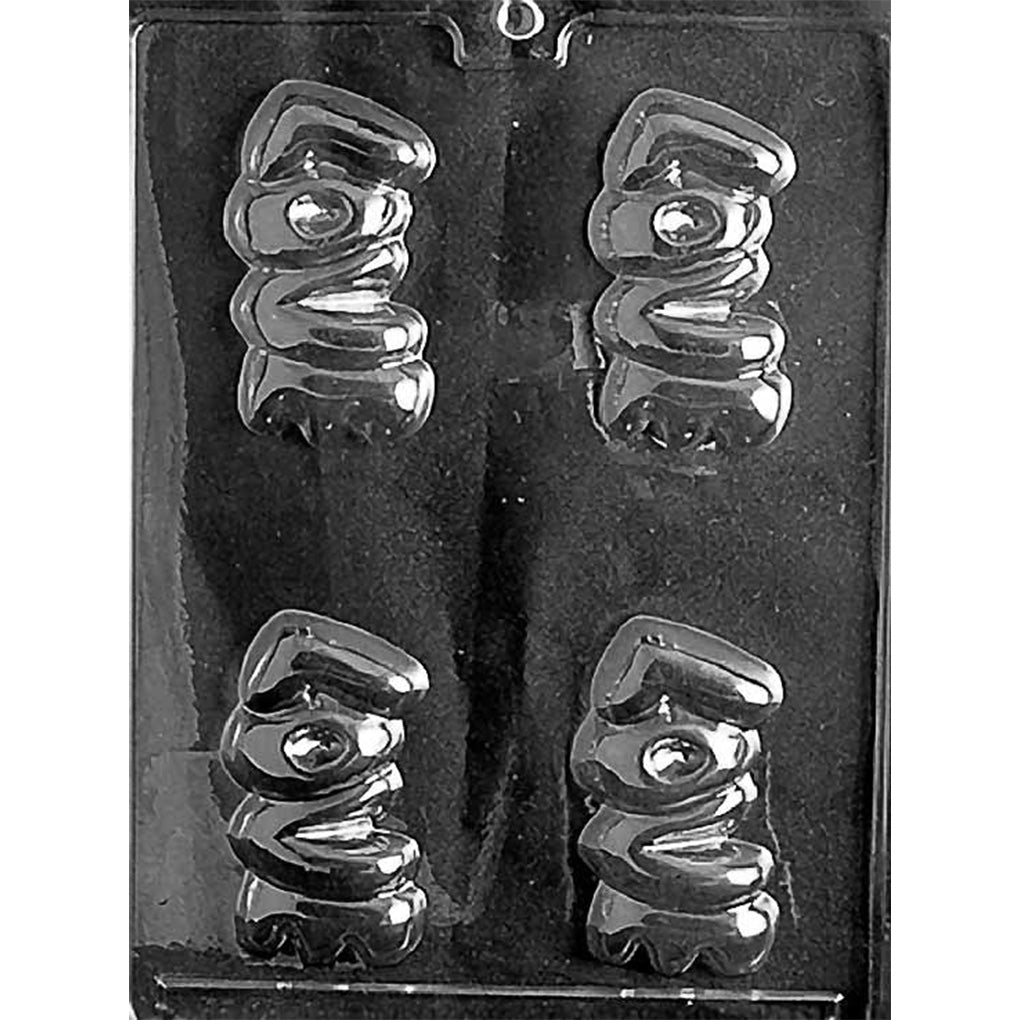 Clear plastic chocolate mold with four identical cavities, each forming a chunky raised “LOVE” design in stacked lettering; shown against a dark background for contrast.