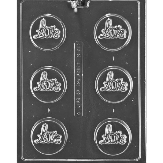 Clear plastic Love chocolate-covered Oreo cookie mold with six round 2 1/4 x 1-inch cavities featuring raised script lettering and heart accents.