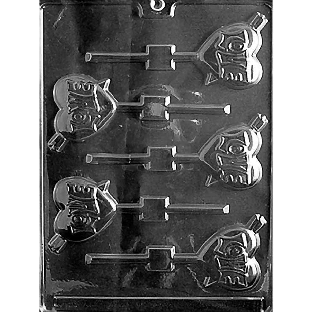 Clear chocolate lollipop mold with six small heart-shaped cavities featuring an arrow through each heart and the word LOVE, arranged in alternating directions.