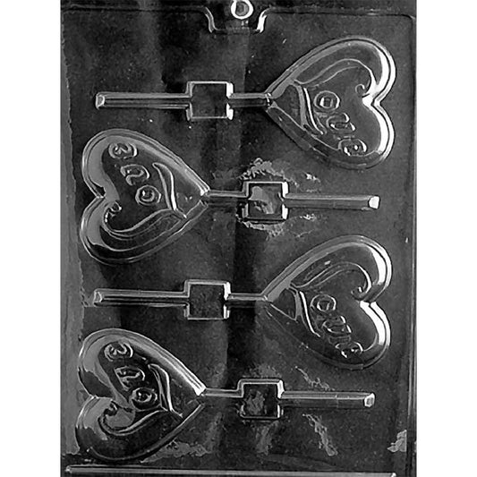 Clear plastic chocolate lollipop mold with four heart-shaped cavities embossed with the word “Love” in script lettering and built-in stick channels for chocolate pops.