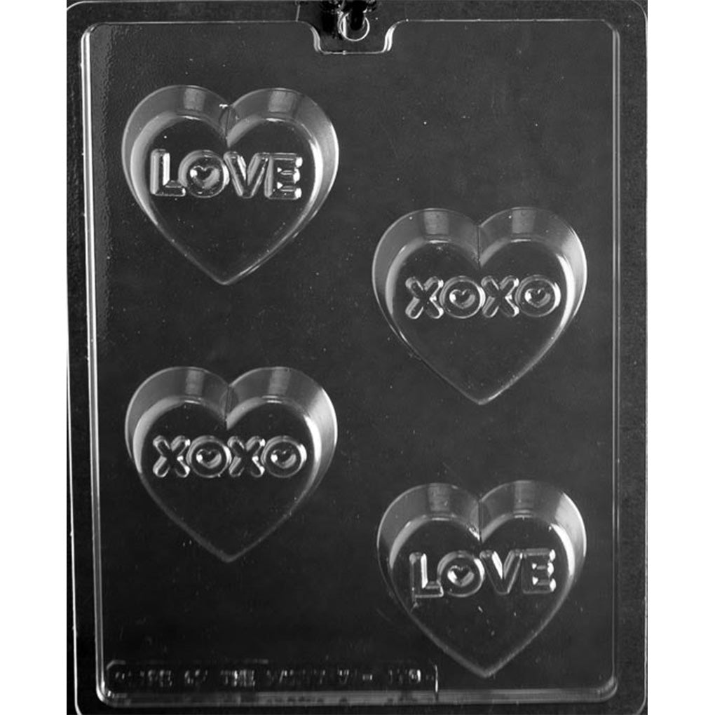 Love and XOXO heart chocolate-covered Oreo mold with four 2 7/8 x 2 7/8 x 3/4-inch cavities, including two LOVE and two XOXO designs