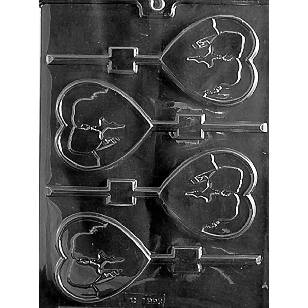 Clear plastic chocolate lollipop mold with heart-shaped cavities featuring a couple silhouette and stick channels.