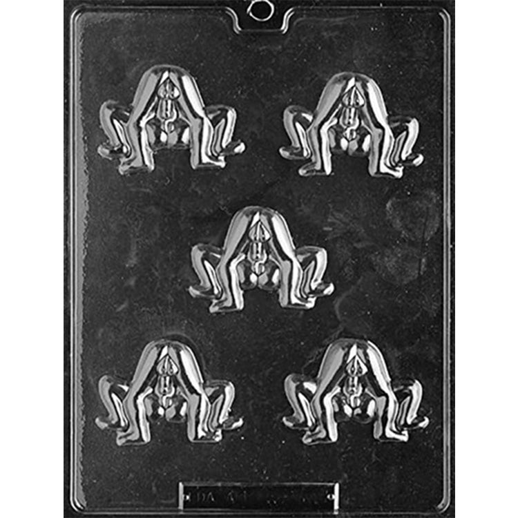 Clear plastic adult chocolate mold photographed against a black background with five cavities depicting a couple posed together in a suggestive position.