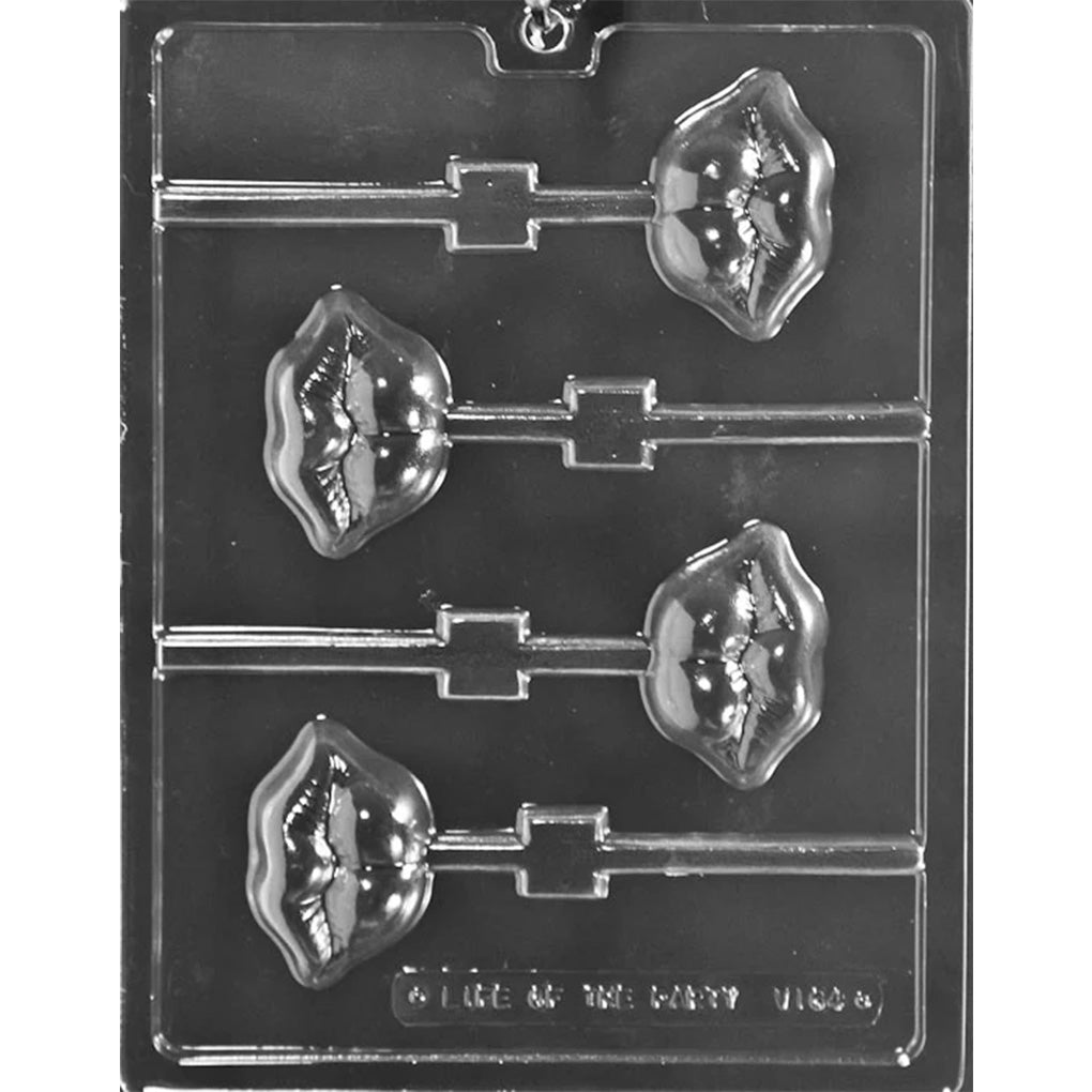 Clear plastic chocolate lollipop mold with four full lips cavities featuring a plump lip shape and stick channels for making lip-shaped chocolate pops.