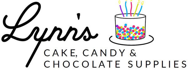 Lynn's Cake, Candy & Chocolate Supplies logo with elegant script for 'Lynn's' and modern uppercase text for 'Cake, Candy & Chocolate Supplies.' Features a simple cake illustration with colorful sprinkles and candles, representing cake decorating supplies, candy making tools, baking flavors, and chocolate-making essentials for an e-commerce store.