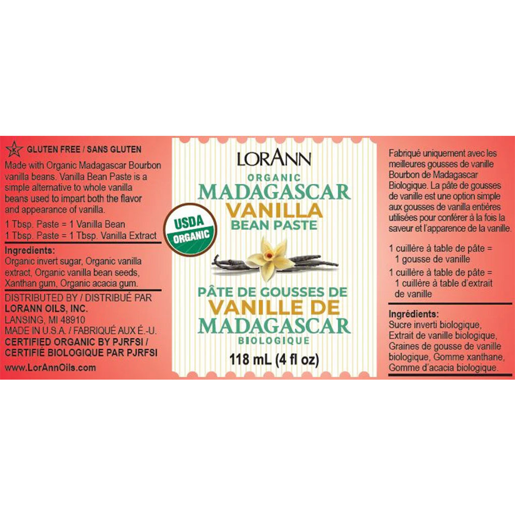 LorAnn Organic Madagascar Vanilla Bean Paste label panel showing USDA Organic badge, usage equivalents (1 Tbsp = 1 vanilla bean or 1 Tbsp extract), and ingredient details.