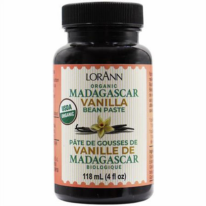 LorAnn Organic Madagascar Vanilla Bean Paste bottle (4 fl oz) with black cap and USDA Organic label, shown on a white background.