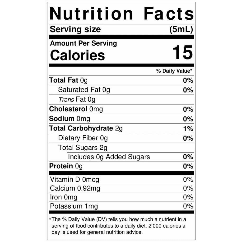 Nutrition Facts panel for LorAnn Madagascar Vanilla Bean Paste showing serving size 5 mL and 15 calories per serving.
