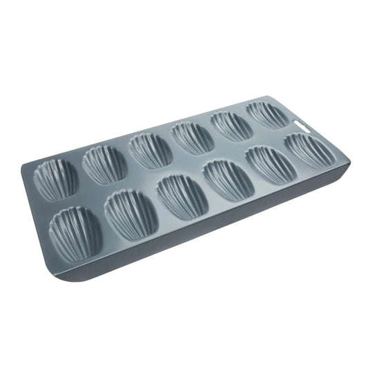 Non-stick 12-cavity madeleine baking pan with shell-shaped molds, shown empty on a white background.