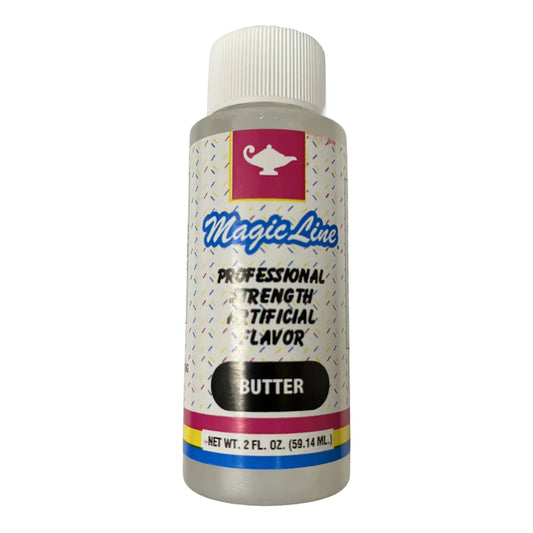 Magic Line Butter Flavoring in a 2 oz bottle, labeled as professional strength artificial butter flavor, ideal for baking and dessert recipes.