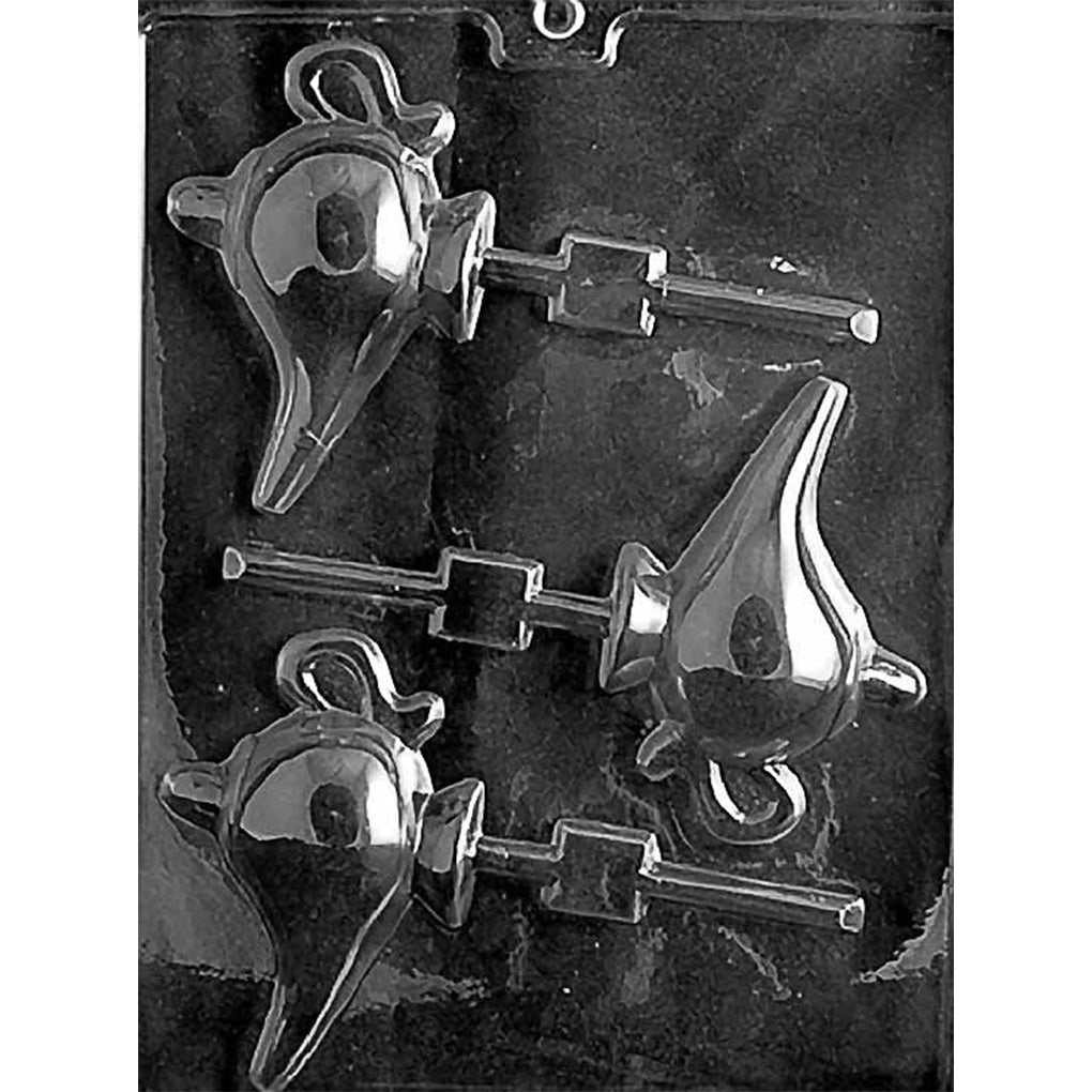 Magical Genie Lamp chocolate lollipop mold with three deep lamp cavities featuring long spouts, loop handles, lids, pedestal bases, and stick channels