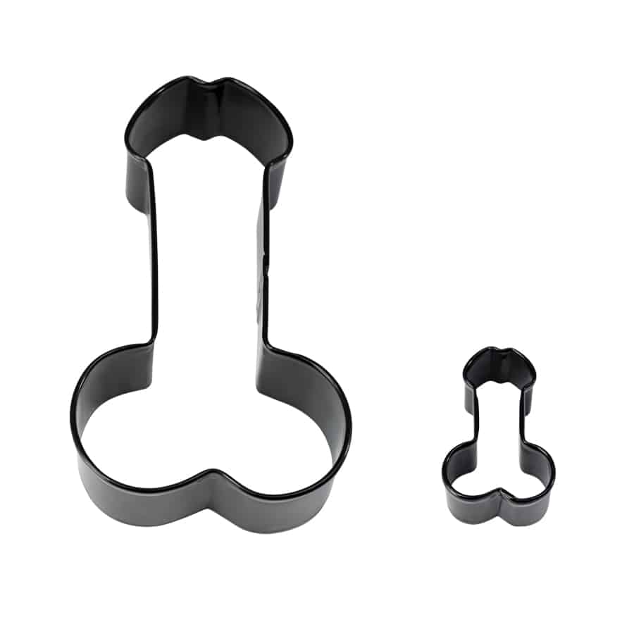 Two black male anatomy-shaped cookie cutters, one large and one mini, displayed against a white background.