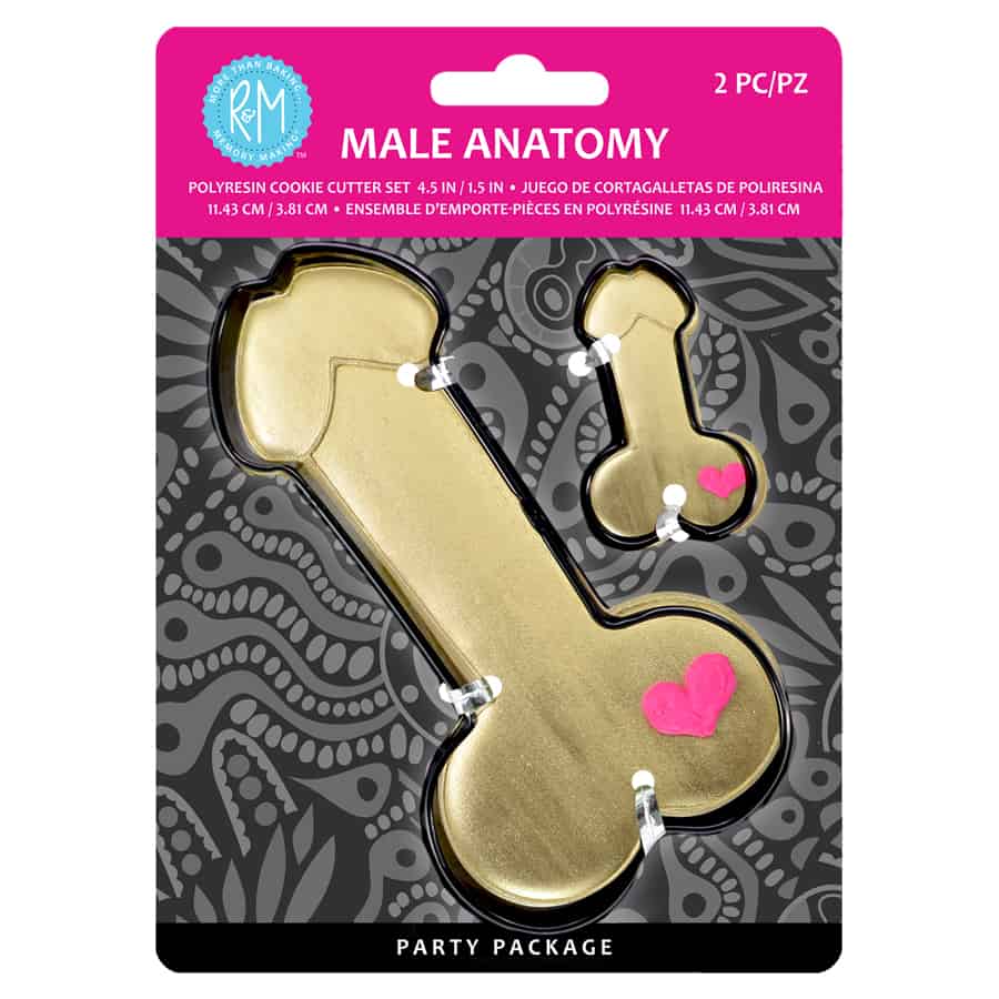 Male anatomy-shaped cookie cutter set in packaging, featuring a large and mini cutter with a gold cookie example.