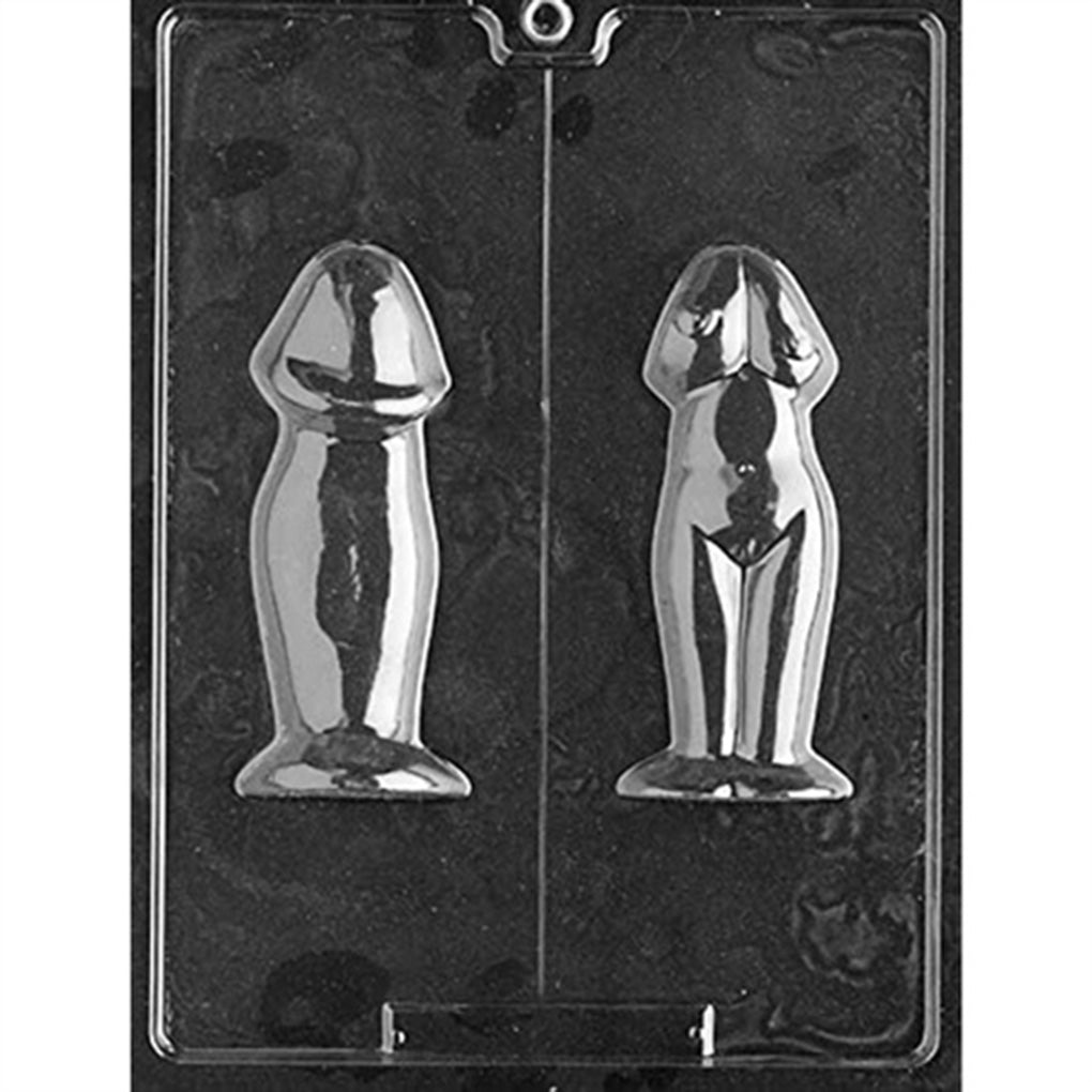 Clear Lady Shaped Penis 3D Chocolate Mold photographed against a black background, with two matching cavities separated by a center line; one forms a penis shape and the other depicts a stylized female figure incorporating a penis silhouette.