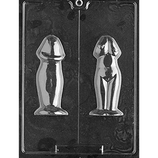Clear Lady Shaped Penis 3D Chocolate Mold photographed against a black background, with two matching cavities separated by a center line; one forms a penis shape and the other depicts a stylized female figure incorporating a penis silhouette.