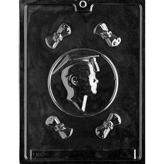 Clear plastic chocolate mold with one round male graduate profile plaque cavity and four small diploma scroll cavities around it, shown on a dark background.
