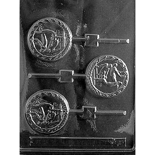 Three-cavity male gymnast round chocolate lollipop mold with raised athlete designs and textured borders, each measuring 2 1/2 inches in diameter x 3/8 inch deep.