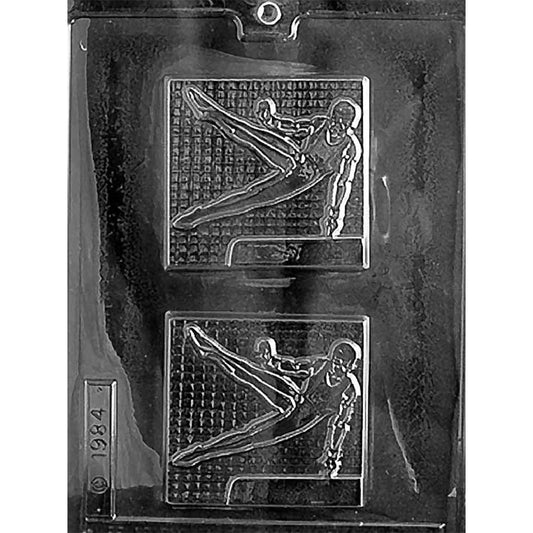 Black plastic chocolate mold with two square cavities, each featuring a male gymnast balancing on one hand with extended legs, a textured background, and a raised border.