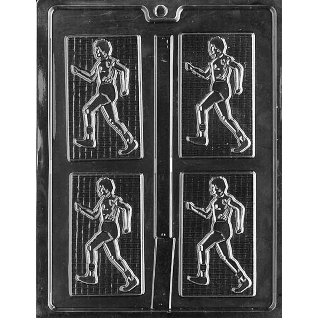Male jogger chocolate bar mold with four 3 7/8-inch rectangular cavities featuring a raised runner on a grid-textured background