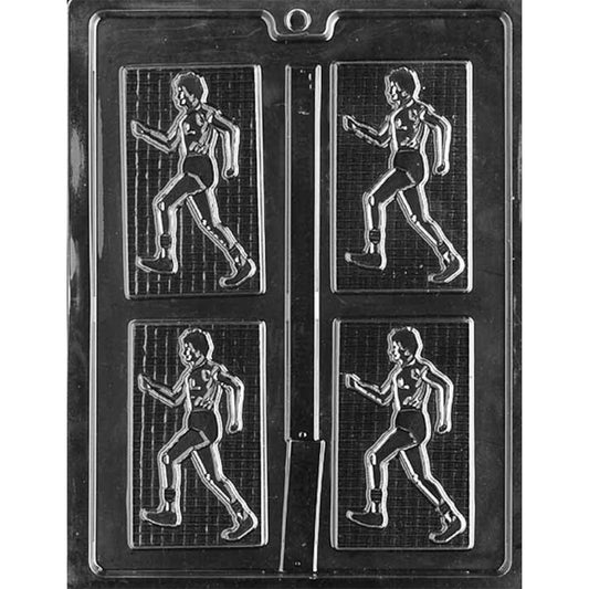 Male jogger chocolate bar mold with four 3 7/8-inch rectangular cavities featuring a raised runner on a grid-textured background