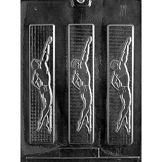 Three-cavity male swimmer chocolate bar mold with long rectangular bars, raised swimming figures, rippled water backgrounds, and narrow borders