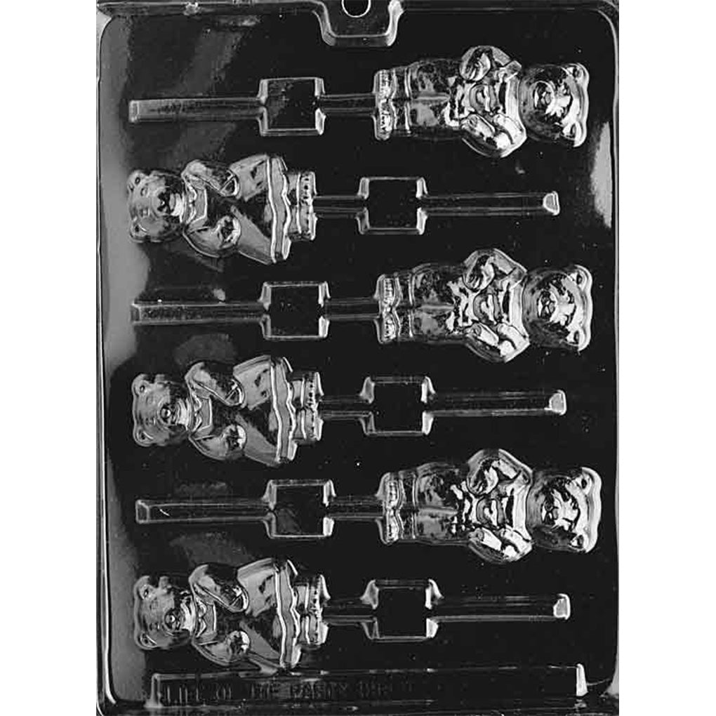 Clear plastic chocolate lollipop mold with six cavities shaped like mama and papa bears, each with a lollipop stick channel.