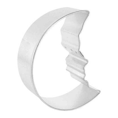 Side view of a metal crescent moon cookie cutter with a curved edge and textured details.