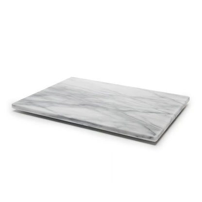 White marble pastry board with natural gray veining, 12 x 16 inches, perfect for rolling dough and baking tasks.