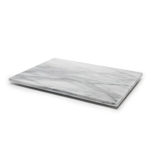 White marble pastry board with natural gray veining, 12 x 16 inches, perfect for rolling dough and baking tasks.