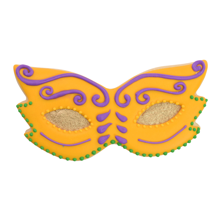 Decorated cookie shaped like a Mardi Gras mask in gold and purple, featuring intricate icing details.