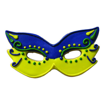 Decorated Mardi Gras mask cookie with vibrant blue and yellow icing, green swirls, and bead details.