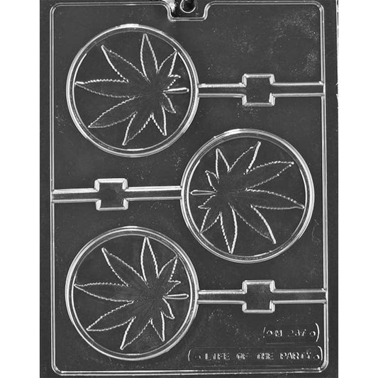 Clear plastic chocolate lollipop mold with three round cavities, each featuring a raised cannabis leaf design and a stick channel, shown on a dark background.