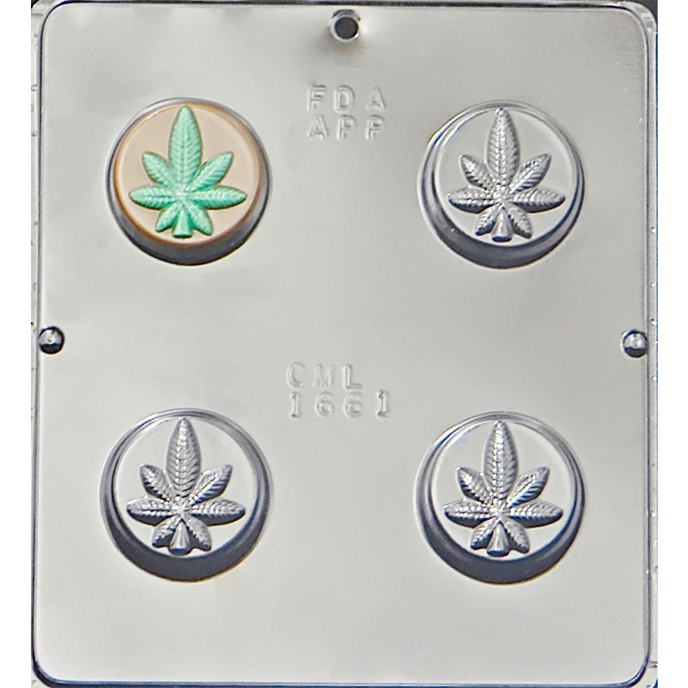 Marijuana Leaf Oreo Cookie Chocolate Mold with 4 cavities, each featuring a marijuana leaf design, perfect for crafting chocolate-covered Oreo cookies.