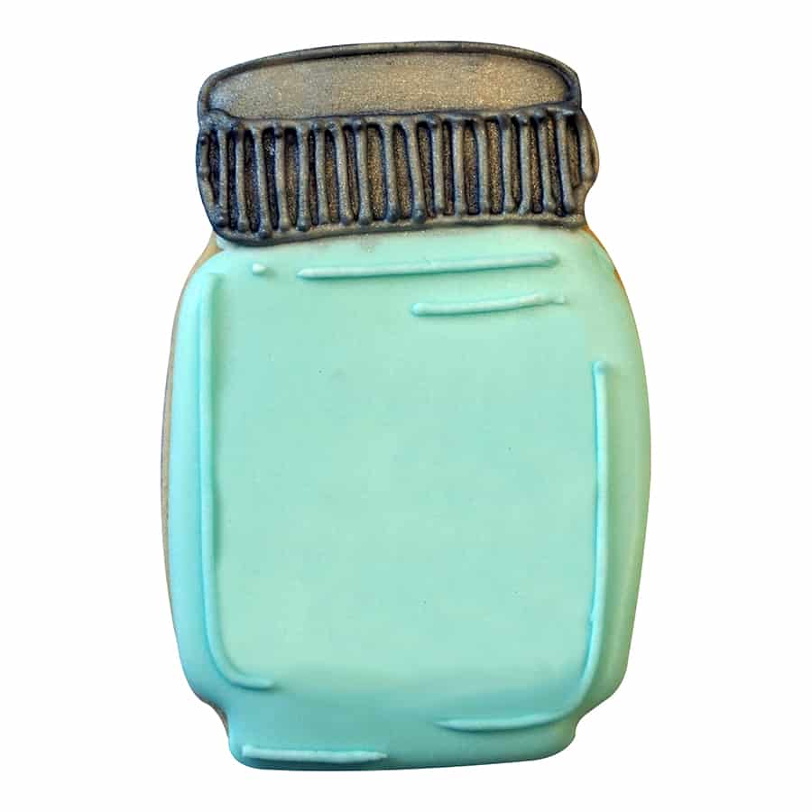 Aqua blue mason jar cookie with a black lid, designed to resemble a vintage glass jar.