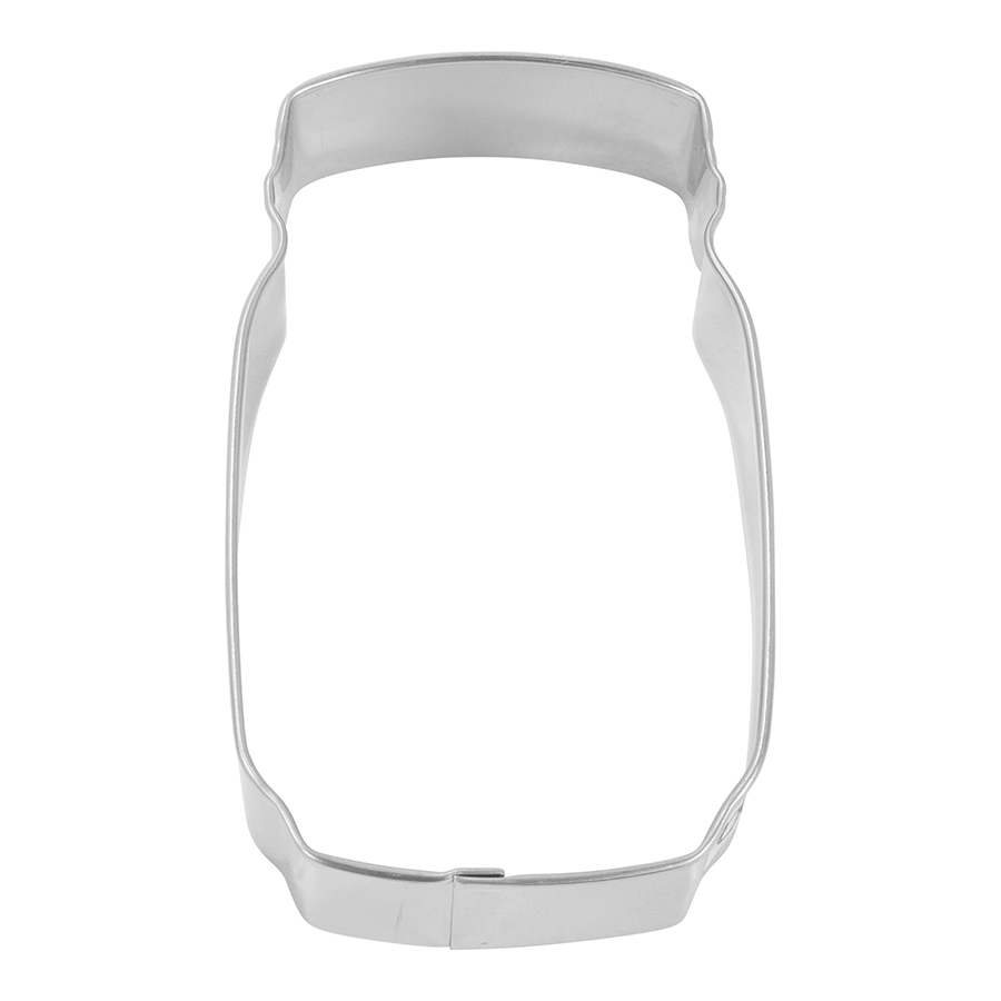 Mason Jar Cookie Cutter made of tinplated steel, featuring a classic jar shape with a slightly curved lid.