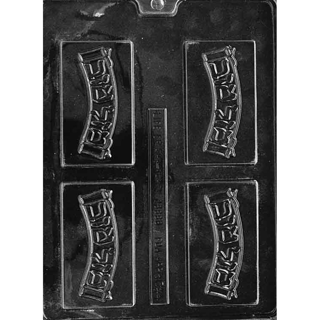 Clear plastic chocolate mold with four rectangular cavities, each featuring raised Hebrew lettering spelling "Mazel Tov" in a stylized banner design.