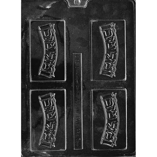 Clear plastic chocolate mold with four rectangular cavities, each featuring raised Hebrew lettering spelling "Mazel Tov" in a stylized banner design.