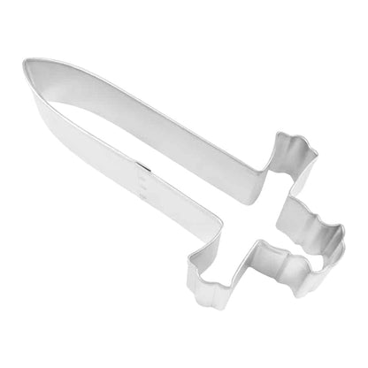 Metal cookie cutter shaped like a medieval sword with a long blade and a decorative hilt, ideal for fantasy and fairytale-themed baking.