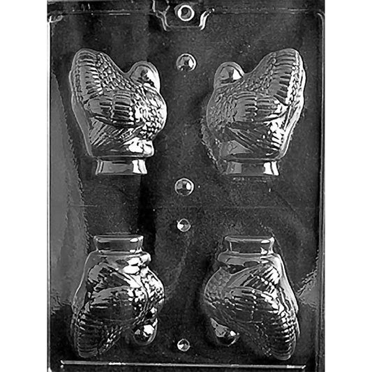 Clear plastic four-cavity Medium 3D Turkey Chocolate Mold with detailed matching halves for making two hollow 3 1/4-inch turkeys