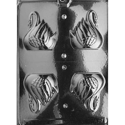Clear plastic 3D Swan Chocolate Mold with four detailed swan-half cavities arranged as two mirrored pairs