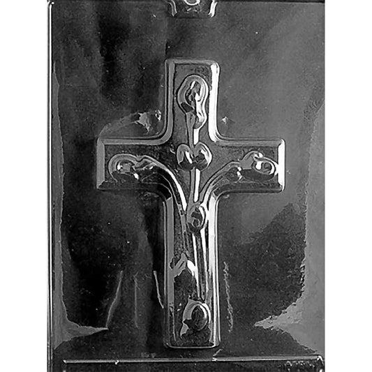 Clear plastic Medium Cross With Flowers Chocolate Mold with one cross cavity decorated with blossoms, curved stems, and leaves