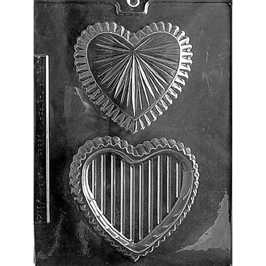Clear plastic Medium Crystal Heart Pour Box Chocolate Mold with separate heart-shaped base and lid cavities, scalloped edges, and cut-glass details