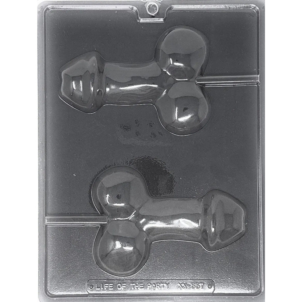 Clear Medium Pecker Chocolate Lollipop Mold photographed against a dark background, featuring two penis-shaped cavities with detailed shafts, heads, and testicles plus channels for lollipop sticks.