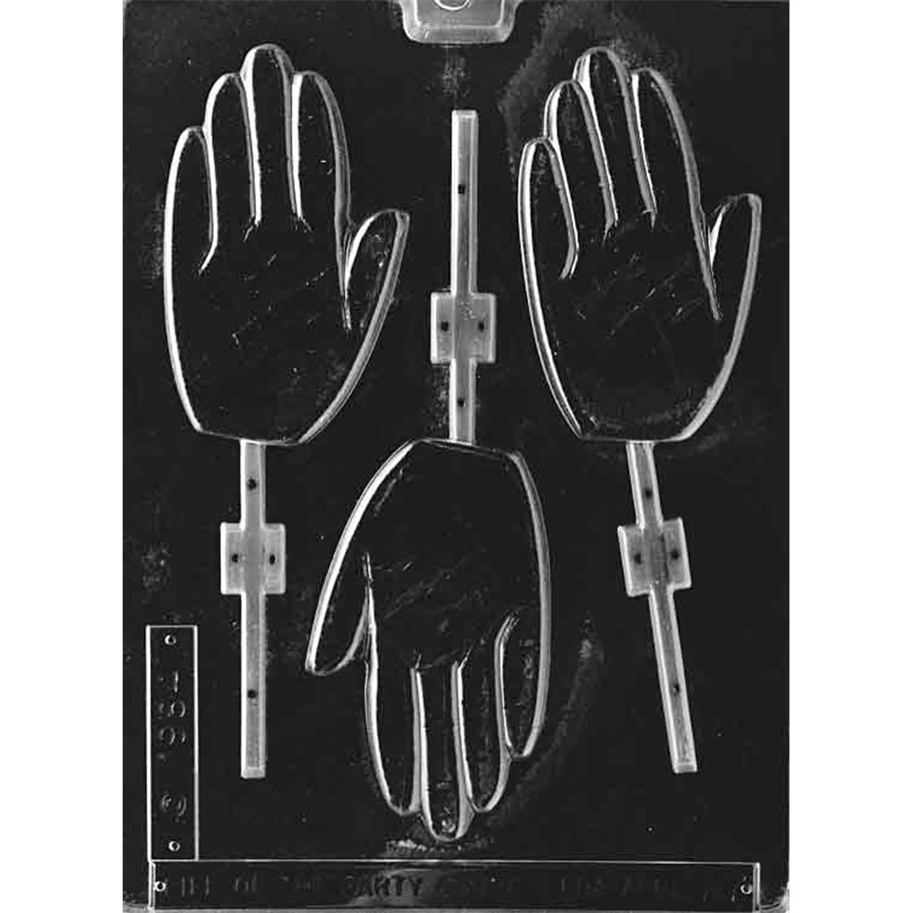 Clear Hand Chocolate Lollipop Mold photographed against a black background with three large open-hand cavities featuring defined fingers, palms, and built-in stick channels.