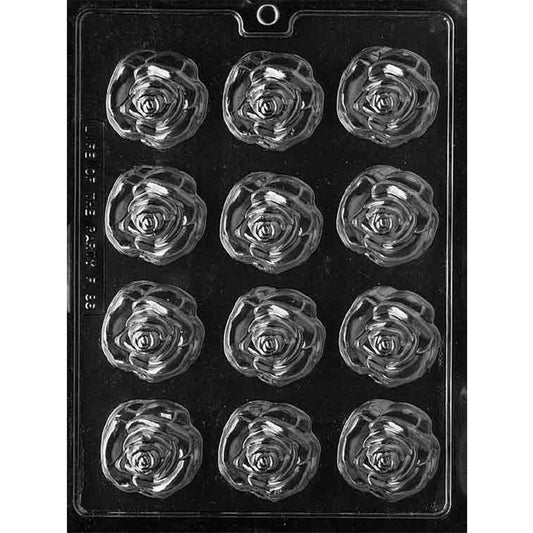 Clear Medium Open Rose Chocolate Mold photographed against a black background with 12 round rose blossom cavities featuring detailed layered petals.