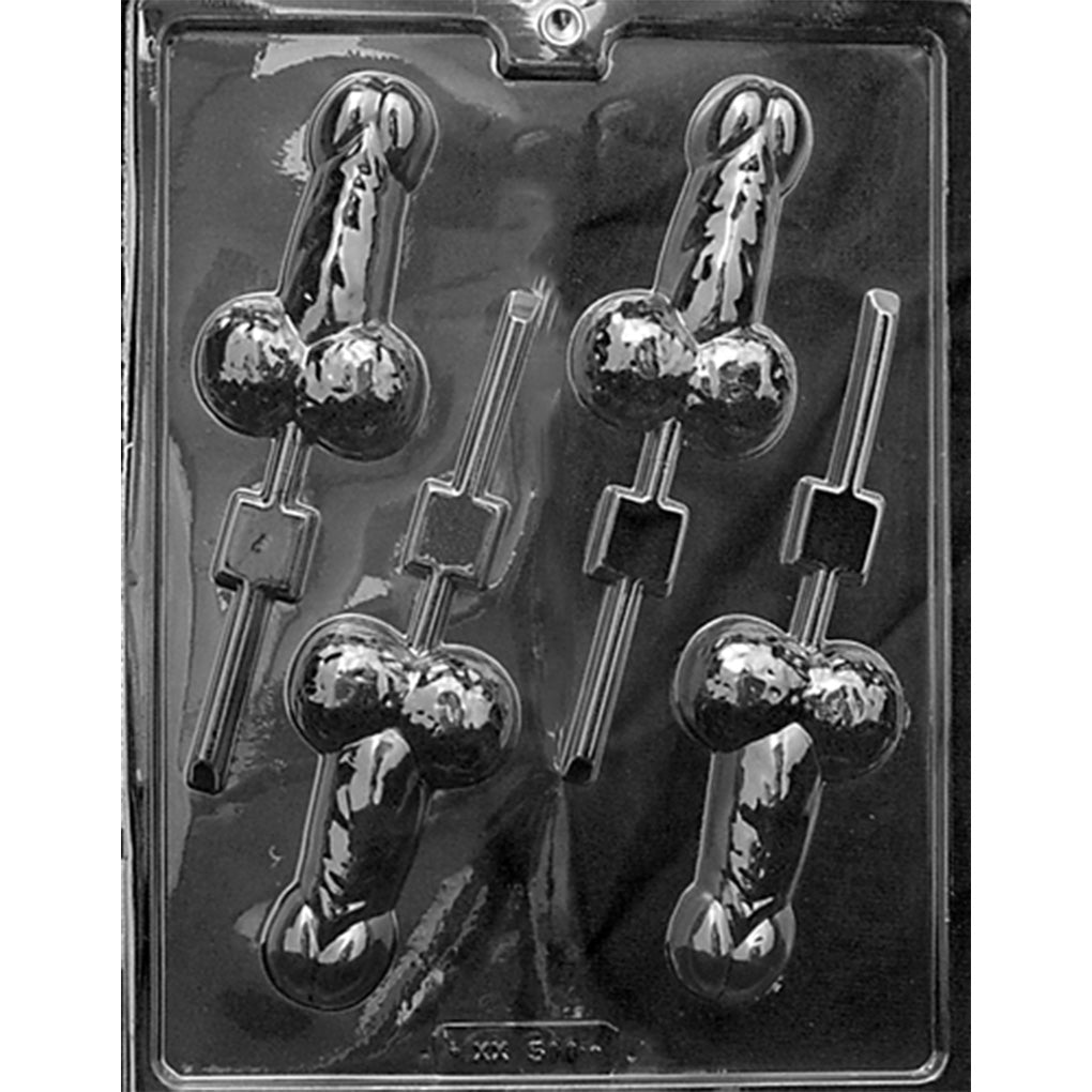 Clear plastic chocolate lollipop mold photographed against a dark background, featuring four penis-shaped cavities with defined shafts, rounded tips, testicles, and individual sucker stick channels.