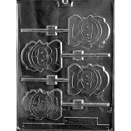 Clear plastic Medium Pilgrim Girl Chocolate Lollipop Mold with four girl designs wearing bonnets and collars, each with a stick channel